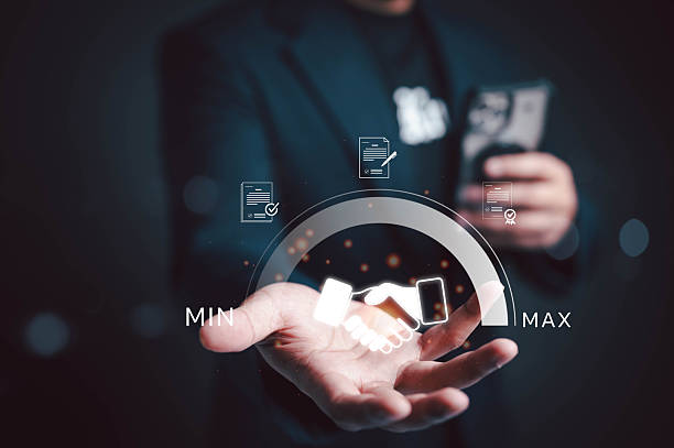 istock Businessman showing digital handshake icon with contract documents, symbolizing trust, business agreement, negotiation, partnership, and secure deal in modern digital business environment. 2250138457