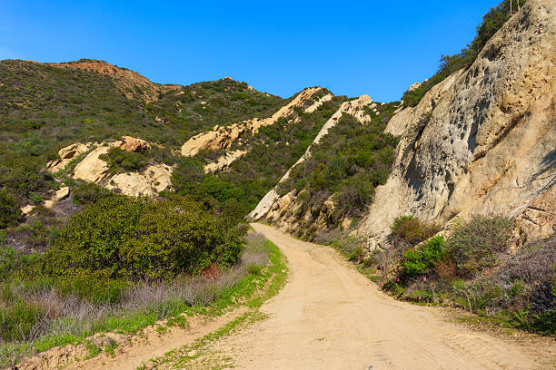 Winding dirt path ascends through Red Rock Canyon Park, flanked by sun-drenched, rugged rock formations and vibrant green chaparral under brilliant blue sky.