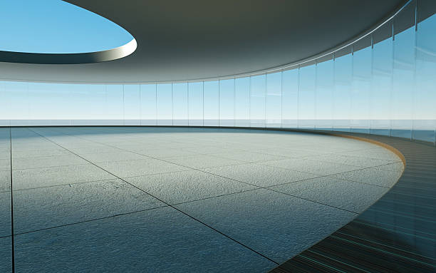 istock Modern circular room with large glass windows and empty floor 2250145038