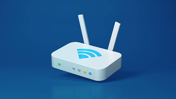 istock Minimal 3D Wi-Fi Router with Dual Antennas on Blue Studio Background 2250146120