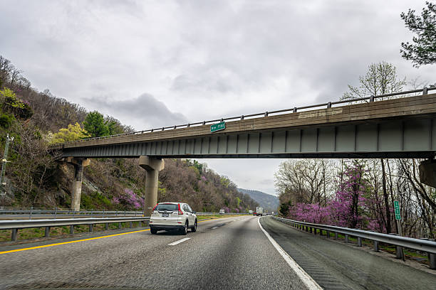 Crozet, USA - April 5, 2025: Virginia Blue Ridge highway i64 with dashboard pov spring forest trees and bridge and redbud trees