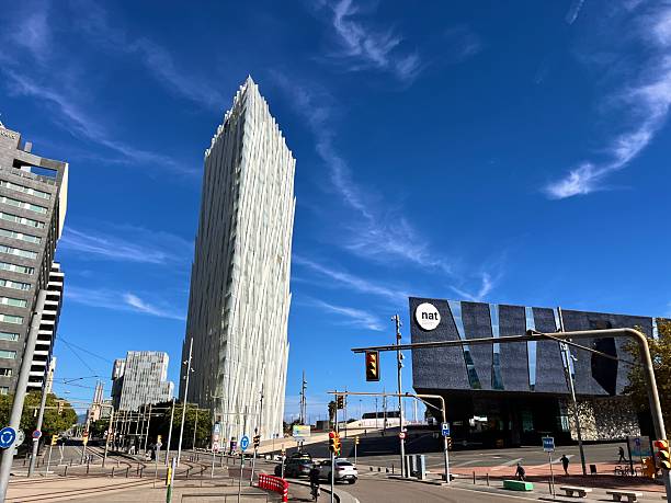 Barcelona, Cataluña, Spain - October 24, 2025: Barcelona cityscape showcasing contemporary buildings like Museu Blau and Hotel Barcelona with urban infrastructure, reflecting summer travel and tourism in Catalonia, Spain