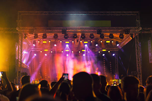 Audience cheering on the concert at summer night.