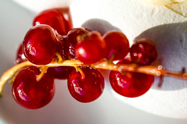 Cluster of red currant berries (Ribes rubrum) against a light blue bokeh background. The berries are glossy and translucent, hanging from a thin, textured stem. Intense red coloration enhances the vivid appearance, with soft lighting highlighting their smooth texture. The bokeh effect in the background adds depth and focus to the berries.