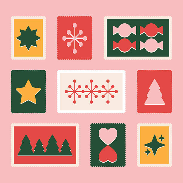 Vector illustrated retro winter holiday postage stamp-style sticker collection with assorted icon symbol shapes: star, snowflake, wrapped candy, Christmas tree, heart, and glittering star burst. Editable fills and strokes across included design elements.