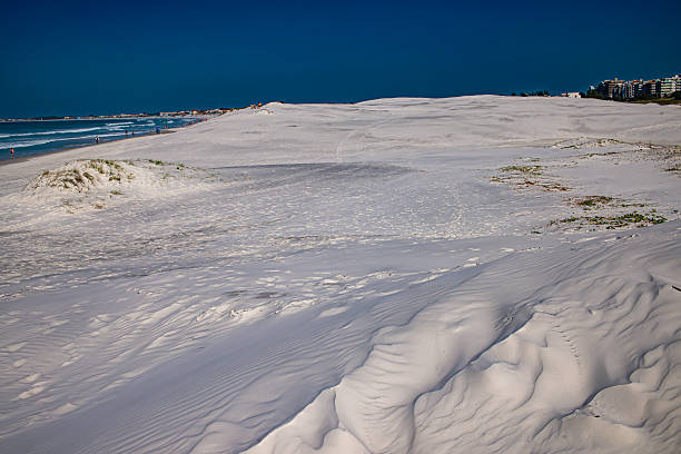 Panoramic view, dunes with footprints, small green areas in the background; on the right, apartments; on the left, houses; beach, people, sea, waves, blue sky.