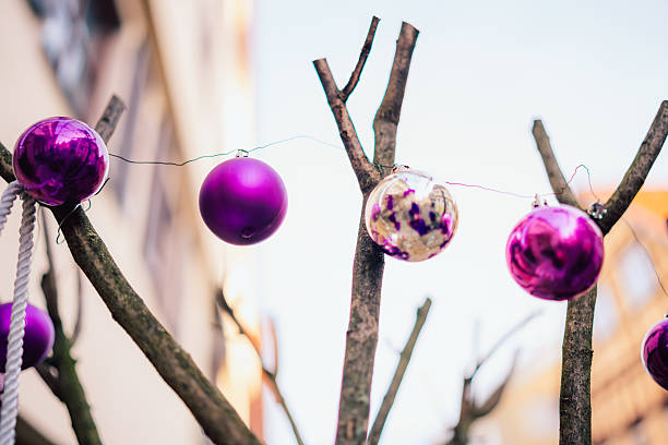Row of colorful Christmas ornaments hanging on bare tree branches. Bright purple tones stand out against the soft sky and blurred buildings.