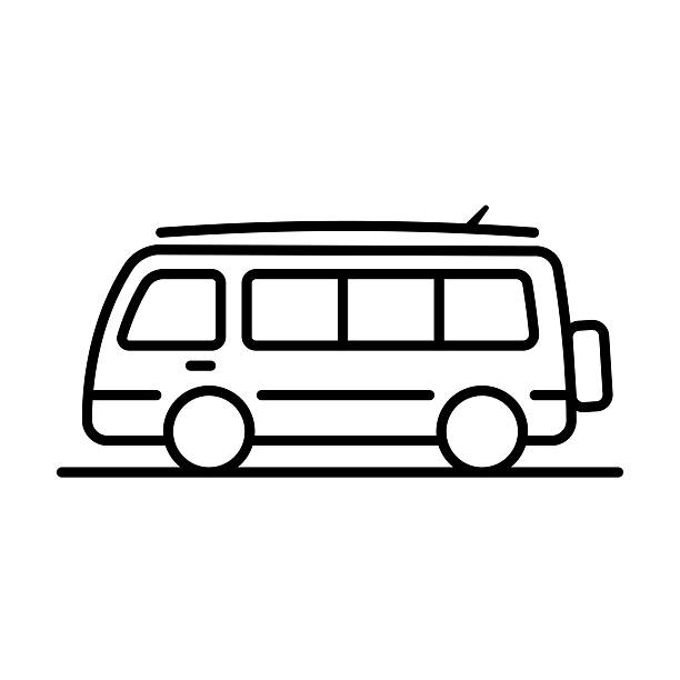 Minivan and surfboard icon. Black outline line silhouette. Editable strokes. Side view. Vector simple flat graphic illustration. Isolated object on a white background.