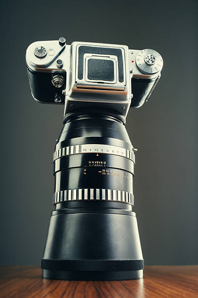 Professional medium format film camera with a huge lens
