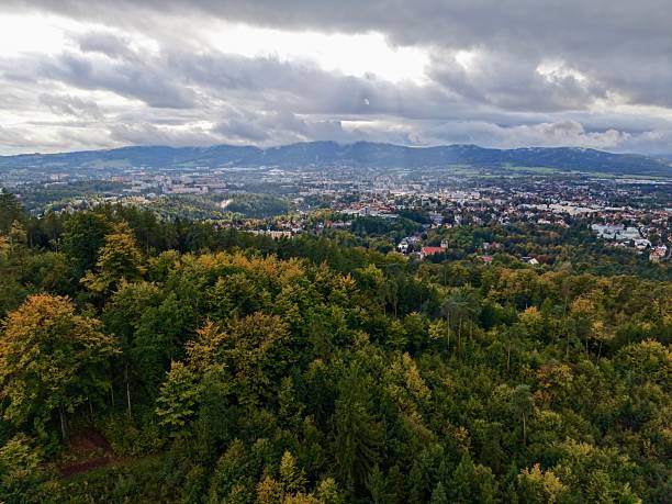 istock Gray Mountain View, Dull Cloudfilled Mountain Scene With Cityscape In Background And Thick Trees 2250213532