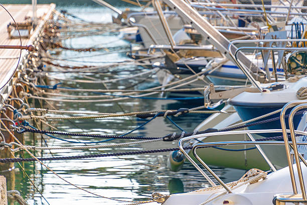 Docked boats in a marina with calm water reflections.