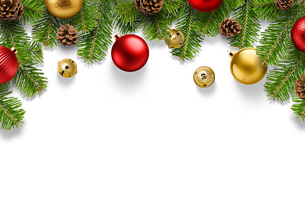 istock Christmas composition with spruce branches, red and gold baubles, pine cones and jingle bells isolated on a white background. 2250224071