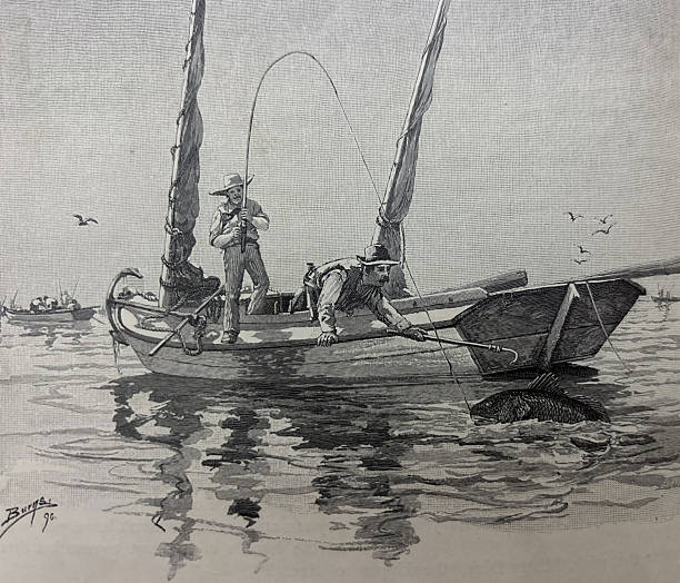 Antique illustration pre 1900 - men fishing from a boat about to land a red drum fish