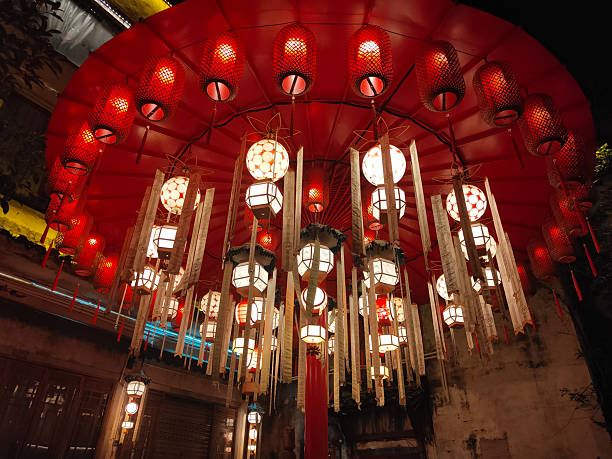 istock a red circular ceiling decorated with numerous white and light yellow lanterns 2250243362