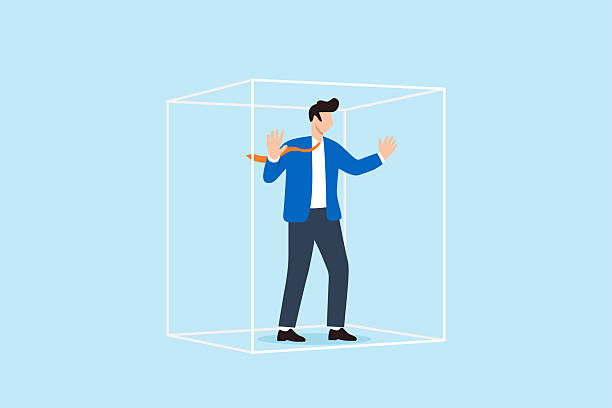 istock Flat illustration of businessman trapped inside transparent glass box symbolizing limitation mental block and restricted freedom 2250259564