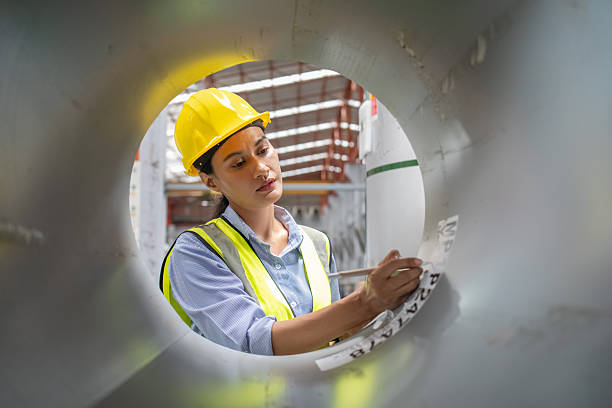 istock Female industrial worker working in the production line, focusing on practical engineering work, detailed work, inspecting metal sheets. 2250259785