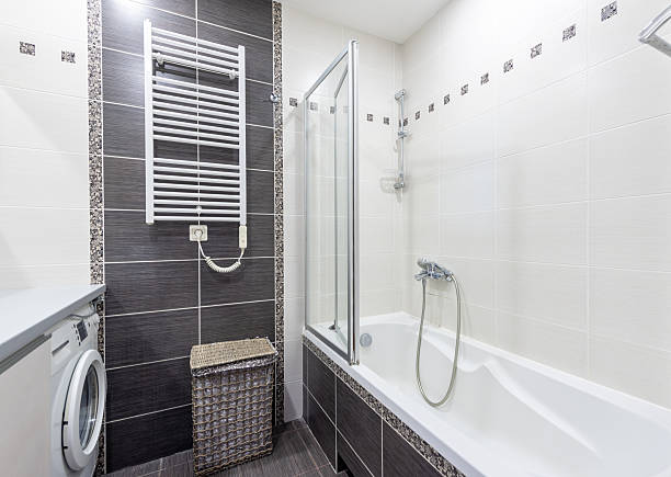 istock Modern Bathroom Interior with Bathtub, Sink, Washing Machine, and Decorative Elements 2250268867