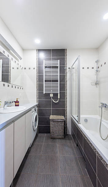 istock Modern Bathroom Interior with Bathtub, Sink, Washing Machine, and Decorative Elements 2250268884