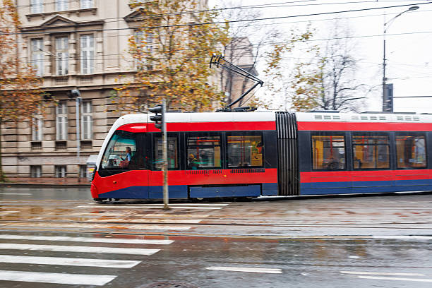 A modern red and blue tram moves through a rainy Belgrade street with wet asphalt reflections and historical city buildings in the background.