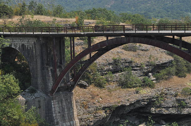 A vintage bridge spans over a deep canyon, showcasing arching metal structures and sturdy stone pillars. Lush greenery surrounds the area, adding to the serene landscape.