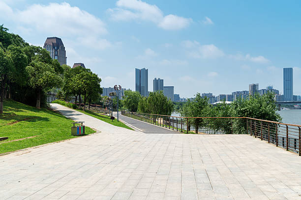 istock City square platform and panoramic view of the city 2250293727