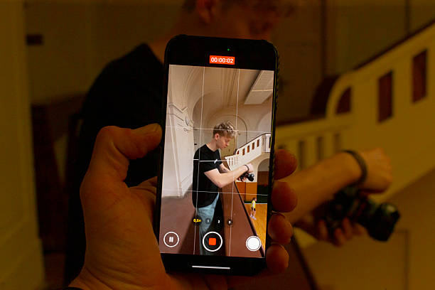 istock Recording scene on stylish modern staircase with app controls visible 2250300098