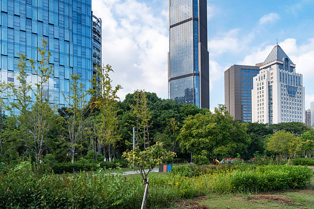 istock city park with modern building background in shanghai 2250300967