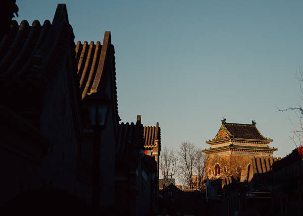 Details of the exterior of the Drum Tower in Beijing, China, which is open to the public and a popular hangout for locals.