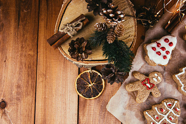 istock Wooden boards with gingerbread cookies with space for text 2250311659