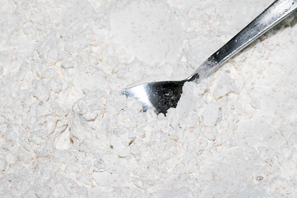 Close up of white flour in a bowl with a silver spoon
