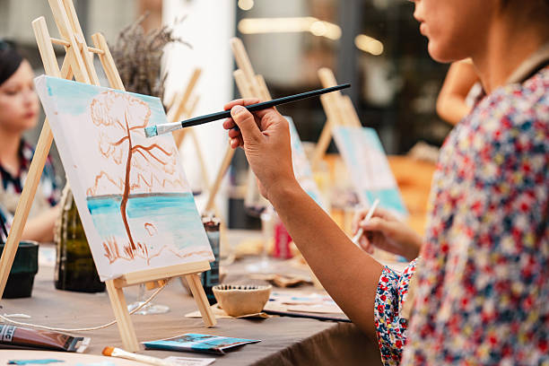 istock Art class outdoors: painting on canvas with a brush and easel 2250321799