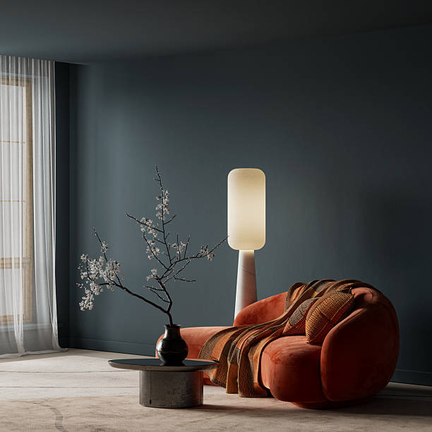 istock Dark moody modern interior enriched with soft warm lighting, curved furniture forms and subtle Japandi textures for a serene, stylish living space. 3D illustration 2250334937