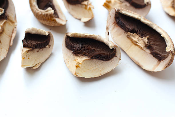 Top view of Portabella Mushrooms on white background.