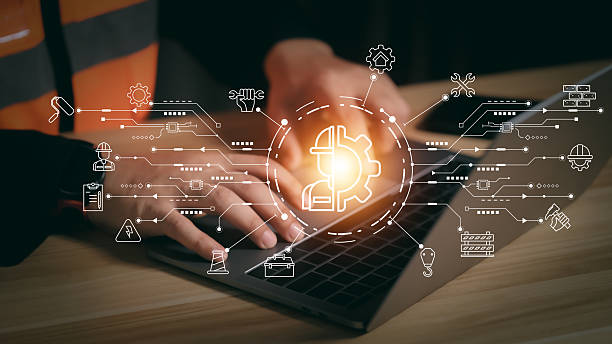 istock Engineer hands typing on laptop with construction management icons. Smart civil engineering technology and contractor building plan concept with digital network interface connection. 2250358427