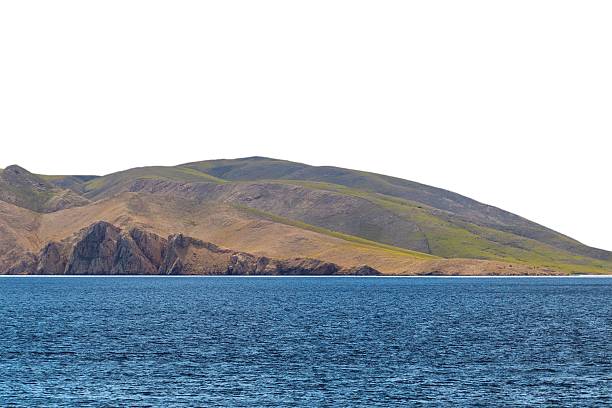 Serene coastal landscape with rolling hills and blue ocean. Isolated object on a white background.