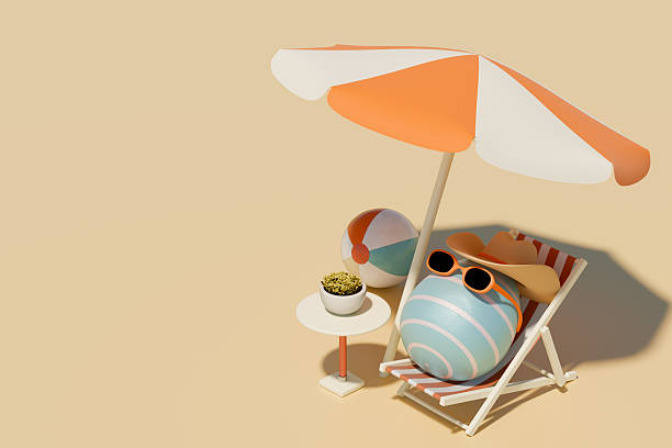 istock Easter egg relaxing on deck chair under umbrella with beach ball. 3d rendering 2250367385