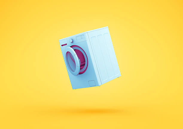 Playful 3D render of a pastel blue and pink washing machine floating against a bright yellow studio backdrop, creating a bold modern composition.