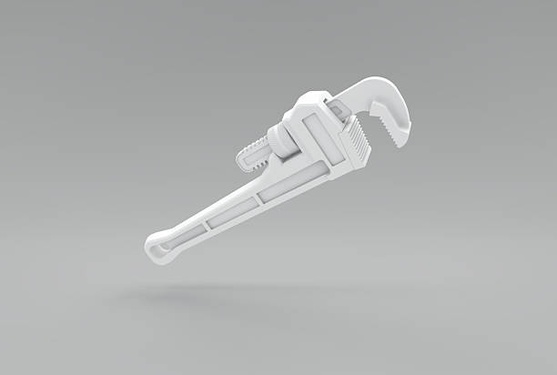 A clean minimalistic 3D render of a white pipe wrench floating against a soft gray studio background. The tool is depicted with precise geometric detailing, matte surfaces, and subtle shadows, creating a modern technical aesthetic. Perfect for use in plumbing-related visuals, industrial design presentations, tool catalogs, repair service advertising, and minimalist hardware concepts.
