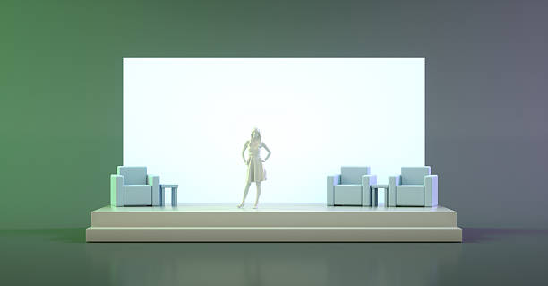 3D illustration of a modern talk-show stage with minimalist seating and a central presenter, representing media, broadcasting, and contemporary studio design