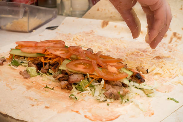 Photo showing a tasty chicken shish kebab / kebob, in an open, griddled pitta bread with shredded lettuce, onion, red cabbage and marinated pieces of chicken, drizzled in a chili sauce.  This healthy takeaway was purchased from a local Turkish fast-food restaurant.