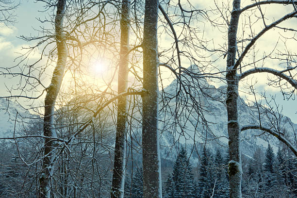 Beautiful winter sunset landscape in the Alps mountains.