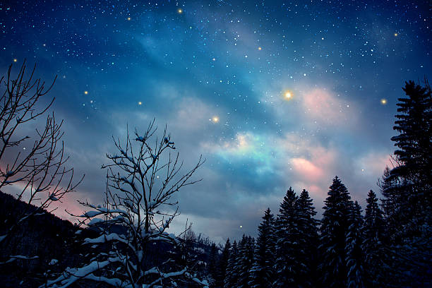istock Starry night sky over trees silhouette, winter background. 2250388103