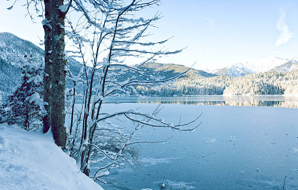 Mountain reflection in lake in winter with snow covered trees and blue sky