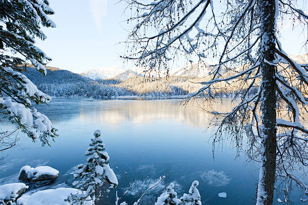 istock Winter trees and mountain reflection in the lake 2250390751