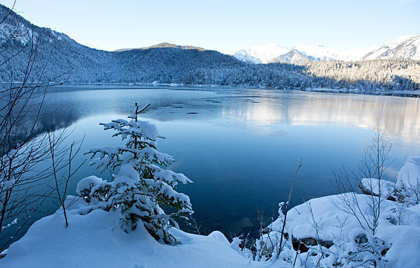 istock Winter trees and mountain reflection in the lake 2250391523