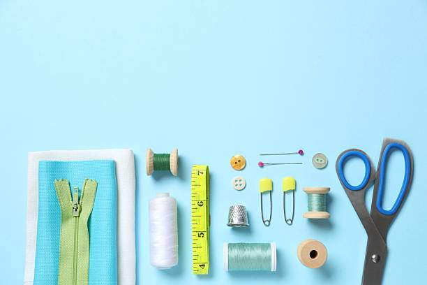 istock Flat lay composition with different sewing supplies on color background 2250393197