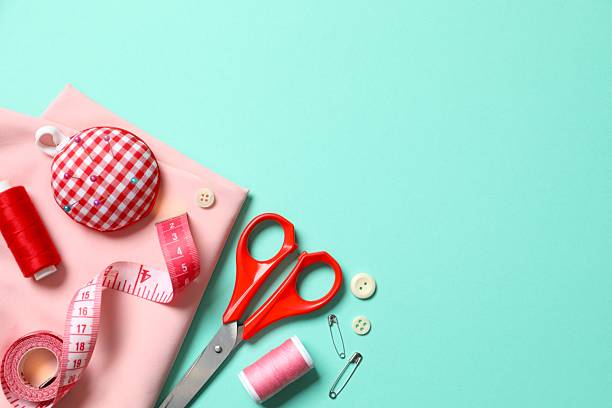 istock Flat lay composition with different sewing supplies on color background 2250393221