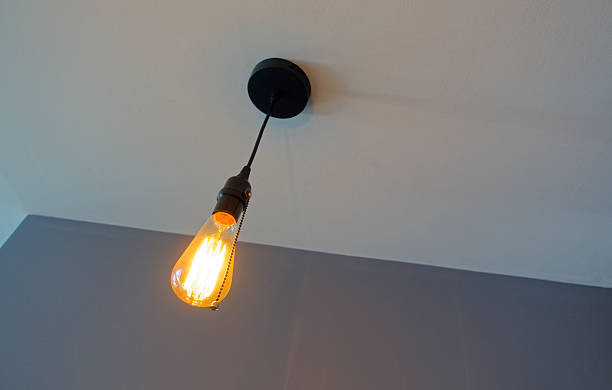 istock Glowing Vintage Edison Bulb Hanging From White Ceiling 2250393235