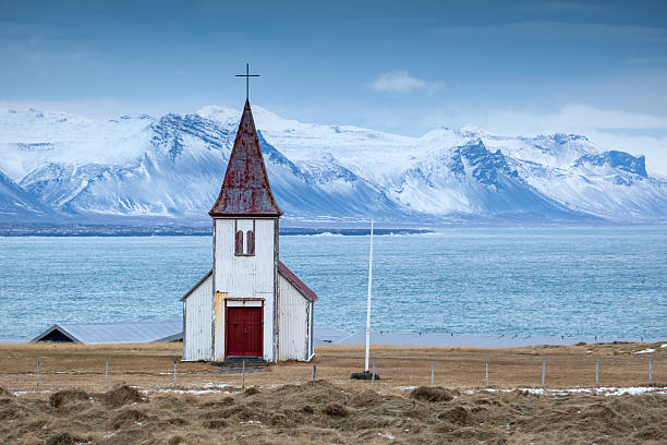 The Lutheran Church of Hellnar (Hellnakirja) on the peninsula of Snaefellsness in Iceland, during winter.