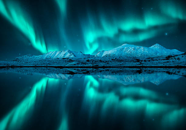 istock Northern lights over the snowy mountains, reflection in water 2250399092